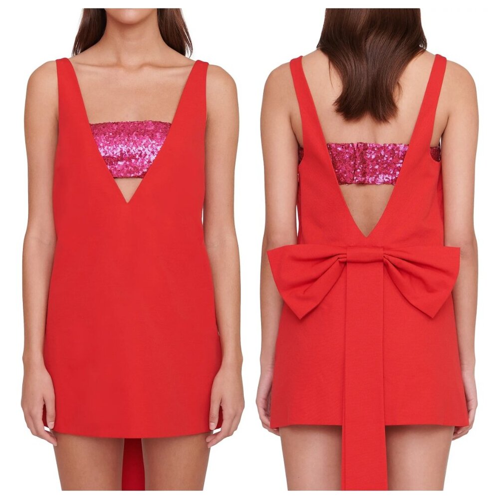 STAUD Irie V-Neck Bow Minidress Poinsettia Shocking Pink
